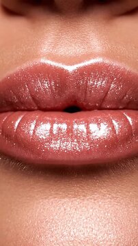 Shimmering pink glossy lips close-up.