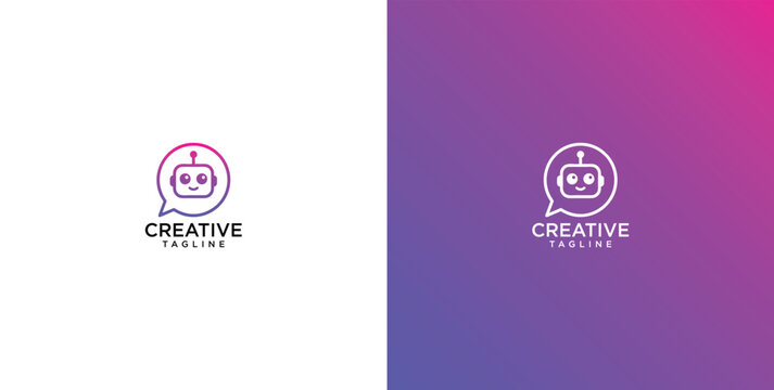 Creative robot head in a chat bubble logo with text below and a purple gradient background