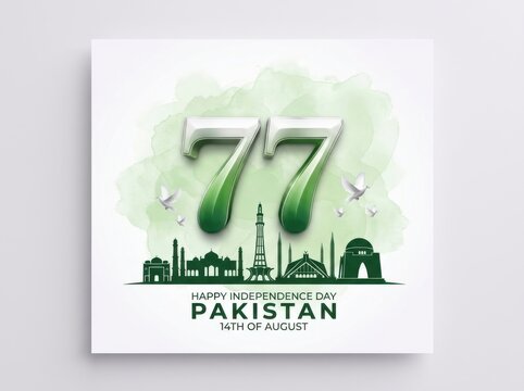 77th independence day of pakistan celebration with 3d number and national landmarks