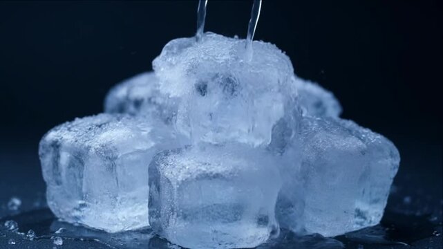Sparkling ice water background with fresh cube stack frozen crystal chill frost closeup macro blue surface cold frozen drink splash liquid refreshment purity clean texture studio freeze