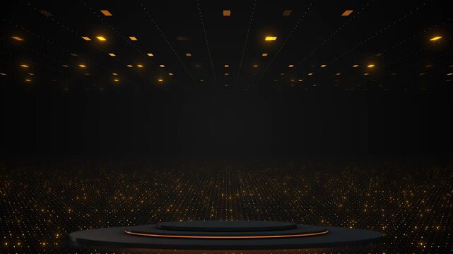 Dark futuristic grid stage background glowing amber dots, ceiling lights, black podium, deep digital room. 19 intros, virtual events, product reveals, award videos, cinematic overlays.
