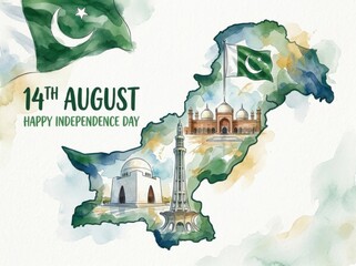 Obraz premium 14th august happy independence day pakistan watercolor map illustration