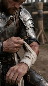 Injured knight bandaging arm in metal armor. Valiant warrior applying medical dressing after combat battle. Historical reenactment of wounded soldier during Middle Ages conflict.