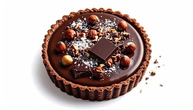 Rich chocolate tart crowned with hazelnuts and dark chocolate chunks