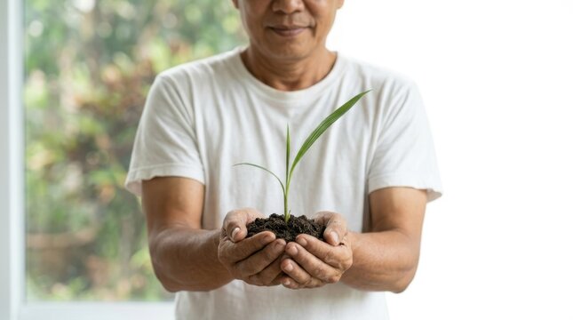 A man holding a small green plant sprout in his hands, isolated on white background