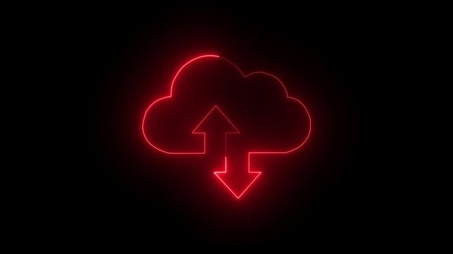 Neon glowing digital cloud icon data transfer animation on a black background. Cloud space and technology  data backup file repository upload database