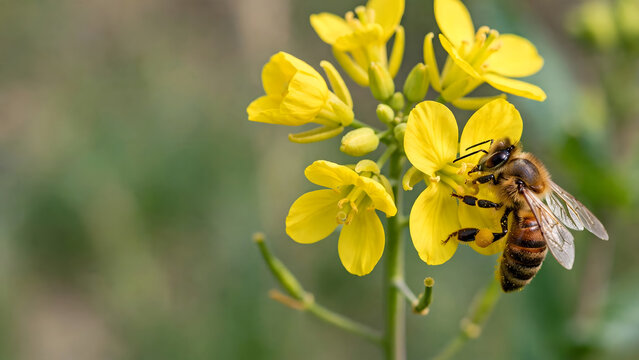Bee on Yellow Flower: A close-up macro shot captures a fuzzy bee diligently collecting nectar from a vibrant yellow blossom, with its pollen baskets visible on its legs.
