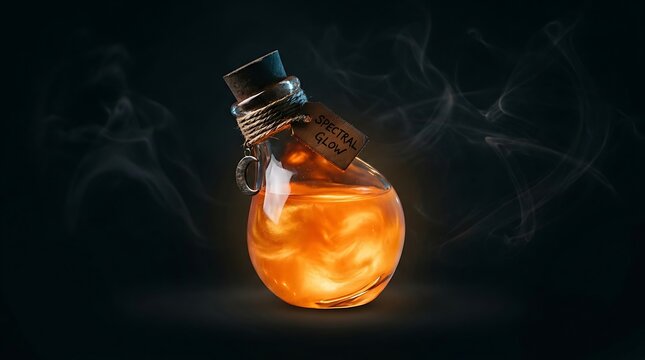 Mysterious glowing potion in ornate bottle with wisps of smoke