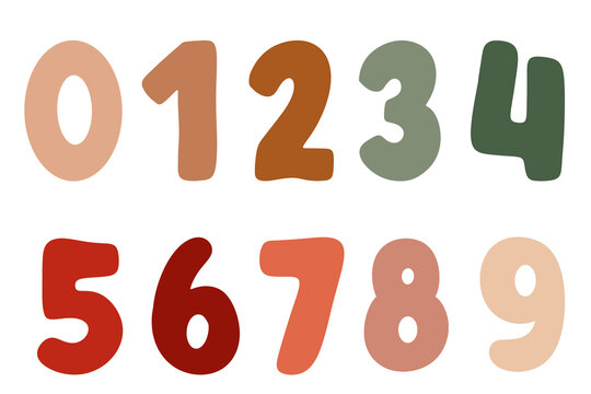 Cute boho numbers set from 0 to 9 in terracotta and green tones, hand drawn neutral digits for kids education raster clipart