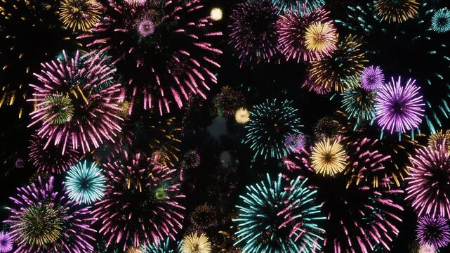 Vibrant fireworks exploding in night sky.