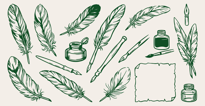 quill feather pens seamless pattern, vintage inkwell ink bottle background, green calligraphic pen texture, retro writing stationary vector, author manuscript writing wallpaper, vintage feather pen sk