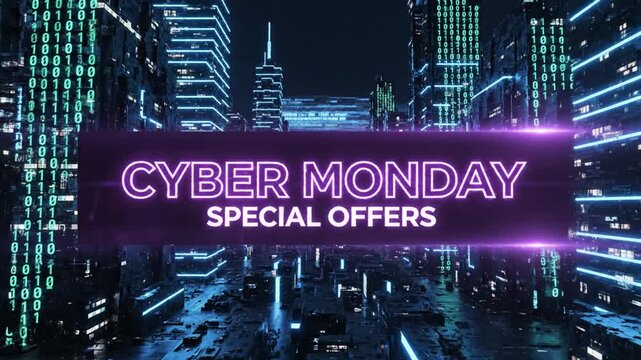 Cyber Monday special offers banner over futuristic neon city