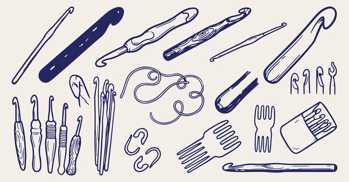 crochet hooks seamless pattern, knitting tools background, yarn needle texture, handcraft crochet vector, weaving tools wallpaper, needlework equipment sketch, craft supply pattern, crochet accessorie