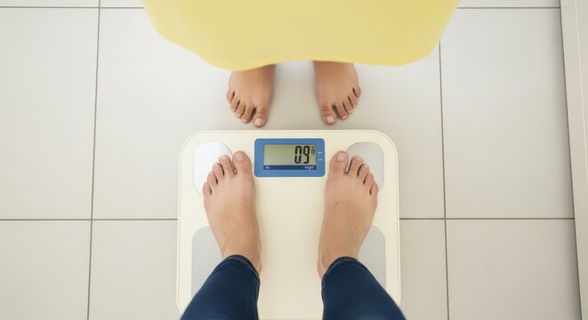 Overhead view of bare feet standing on a digital scale, checking weight progress, representing health and fitness goals