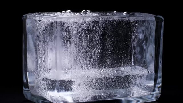 Sparkling ice water background splash bubble texture minimal design refresh clean clear transparent glass cube container black macro freeze detail clarity freshness purity motion abstract dark