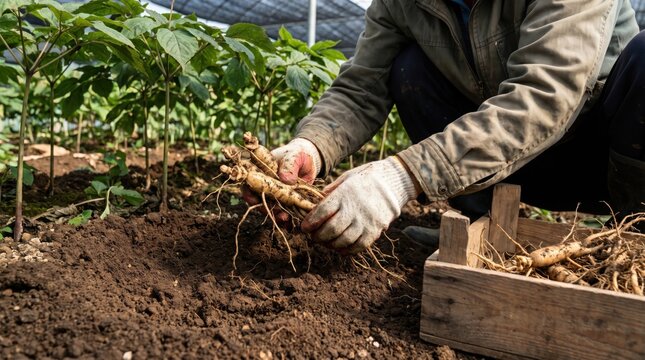 Senior male farmer harvesting organic panax ginseng roots in traditional rural farm field.