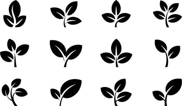 Black Leaf and Sprout Silhouette Vector Icon Set Featuring Small Plant Twigs Stems and Growing Foliage for Eco Organic Farming Corporate Brand Logo Designs