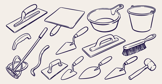 masonry trowels seamless pattern, plastering tools background, concrete finishing texture, bricklayer trowel vector, plaster float wallpaper, construction masonry sketch, wall plastering tools pattern