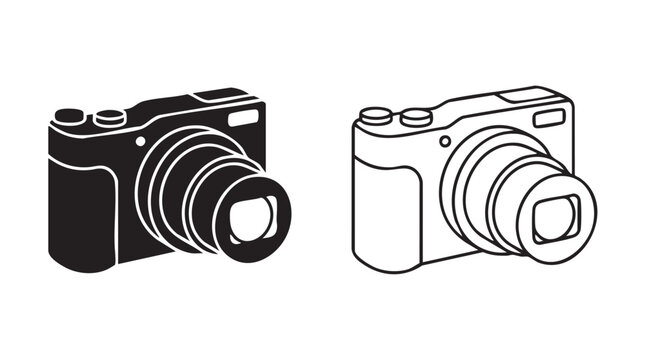 black silhouette camera with zoom lens outline art vector icon black silhouette black silhouette and outline art vector icon