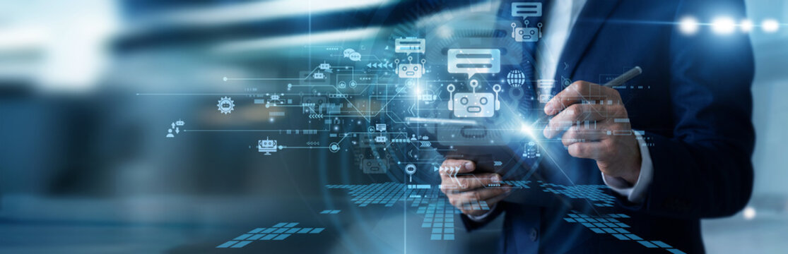 Support manager working on tablet configuring automated chatbots systems, designing conversational user flows, optimizing natural language processing, and evaluating customer service chatbots.
