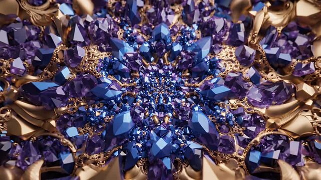 Symmetrical Abstract Pattern of Purple Crystals and Gold Filigree