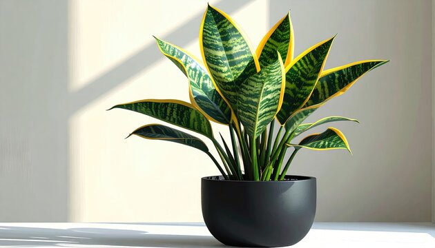Lush snake plant with variegated leaves in a modern black pot