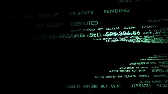 Real-time cryptocurrency transaction ledger scrolling on a dark HUD screen. Perfect UI background for fintech videos, stock market reports, and blockchain projects.