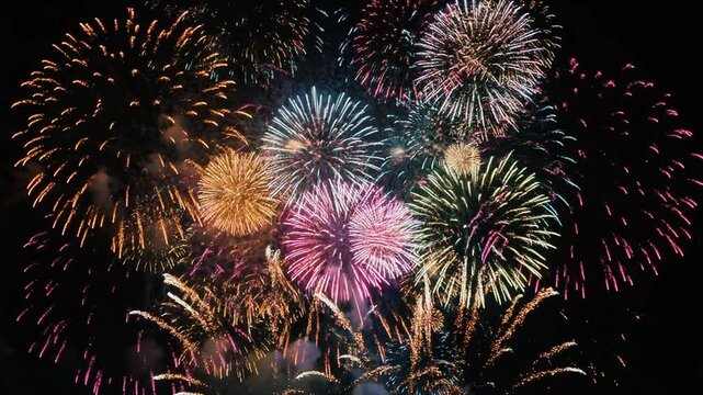 Vibrant fireworks exploding in the night sky with colorful bursts of light.