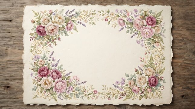 Vintage floral frame with roses and lavender on textured paper