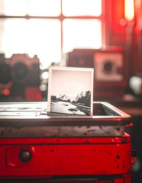 Vintage polaroid photo standing on a red retro darkroom table with old cameras