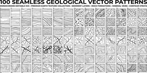 Fototapeta premium 100 Premium Geological Seamless Vector Patterns with Stratigraphy, Fault Lines, Rock Layers, Topographic Contours and Earth Science Textures
