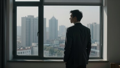 Fototapeta premium Businessman in Suit Looking Out of Office Window at City Skyline