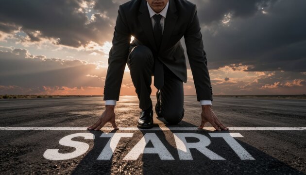 Businessman in Starting Block Stance on Race Track at Sunset