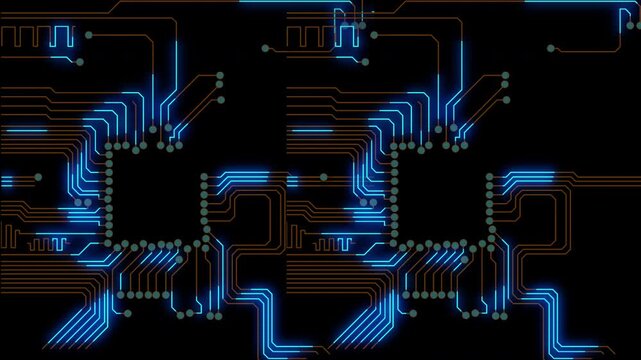 Glowing blue signals moving through circuit board