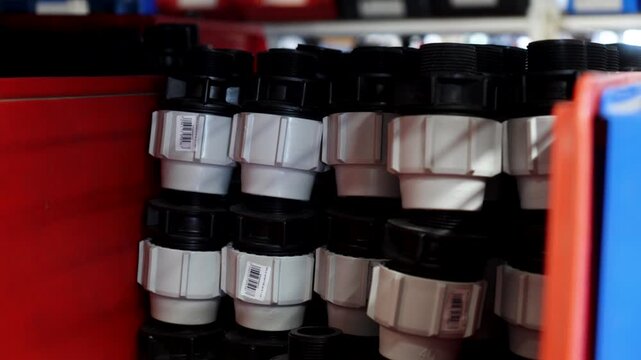 Plastic irrigation pipe fittings stacked on shelves in a warehouse storage area