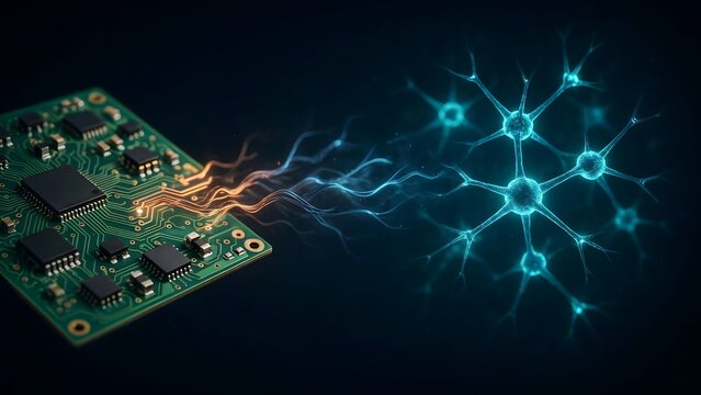 Green PCB circuit board morphing into blue neural pathways &ndash; Suitable for hardware engineering, cognitive computing, or tech evolution campaigns.