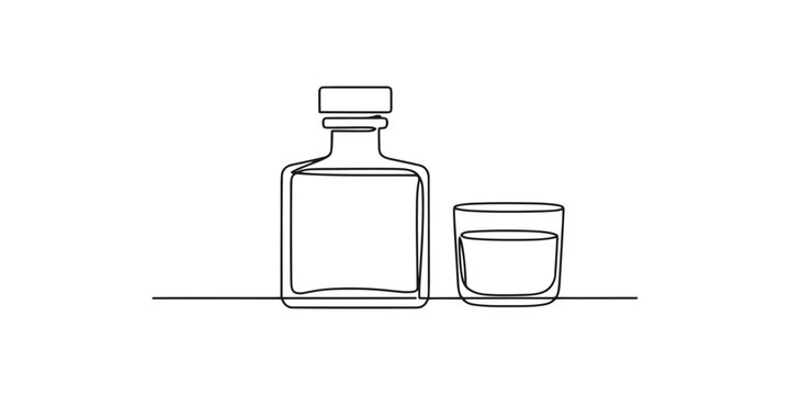 Continuous one line drawing of a whiskey bottle and a glass cup