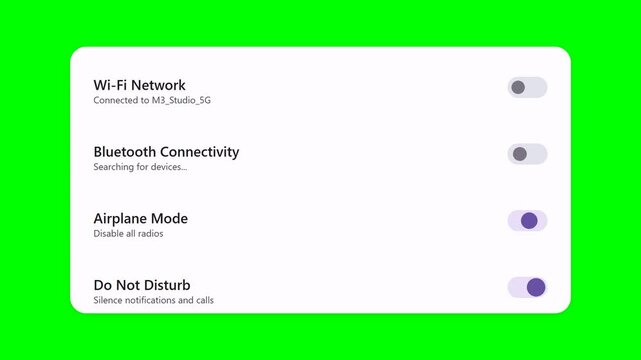 Smartphone Wireless Settings UI Animation with Wi-Fi Bluetooth and Airplane Mode Toggles on Green Screen
