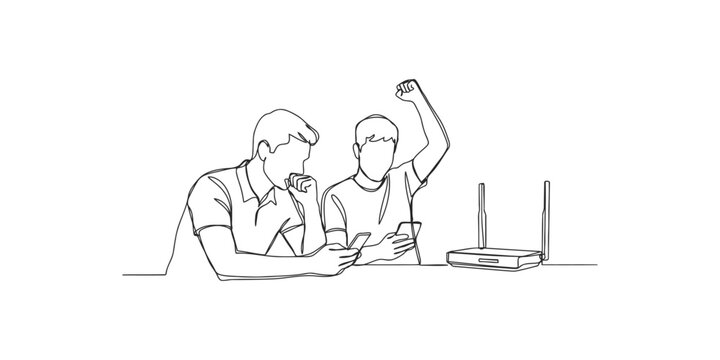 Two young men looking at smartphones and celebrating with a wireless internet router