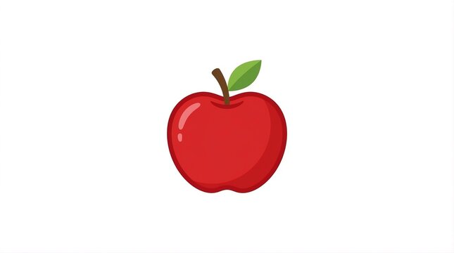 A glossy red apple flat vector icon with a green leaf and brown stem, featuring a clean modern cartoon style and smooth gradients. Isolated on a pure white background, this fresh fruit illustration