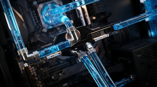 Advanced custom liquid cooling system for high performance computer components with glowing blue coolant flowing through transparent tubes