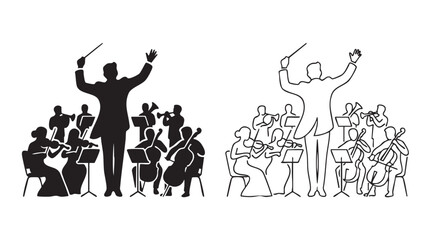Fototapeta premium conductor leading orchestra black silhouette and outline art vector icon