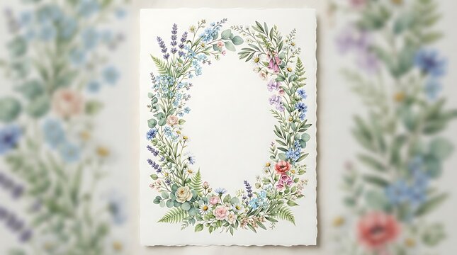 Watercolor floral wreath frame with wildflowers and greenery