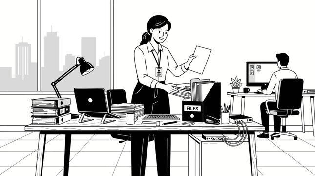 Businesswoman organizing documents in a modern office with city view.