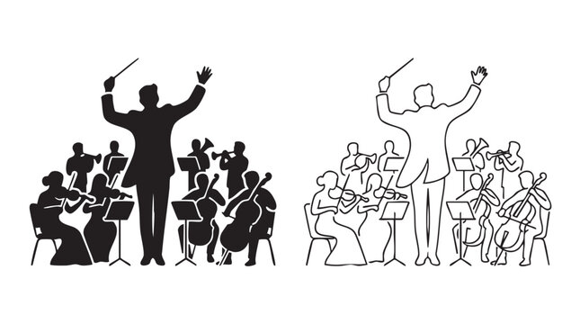 conductor leading orchestra black silhouette and outline art vector icon