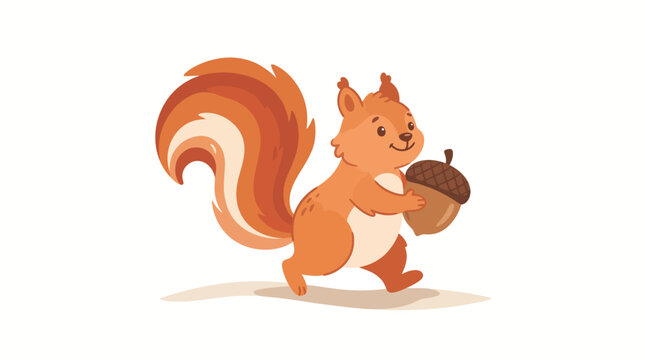 Cute cartoon squirrel holding an acorn, isolated on white background