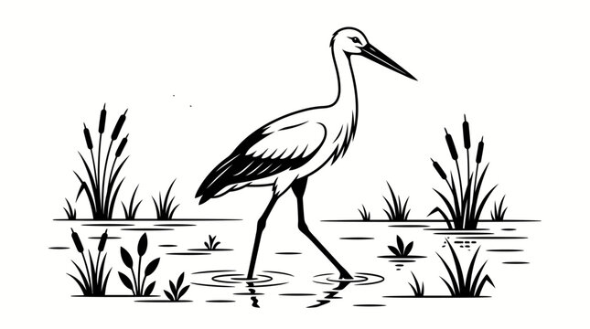 Elegant Stork Walking in Marshy Water with Reeds - Black and White Line Art