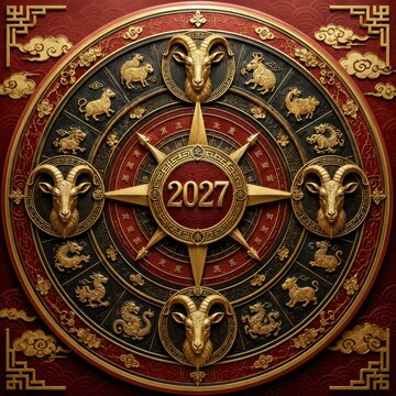 2027 Chinese Zodiac Goat Year Gold Circular Emblem Traditional Design