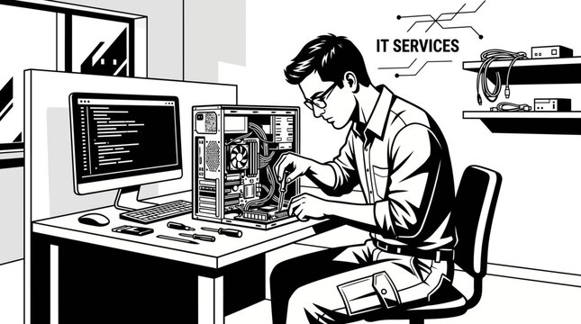 IT technician fixing computer hardware, coding on screen, technology concept illustration
