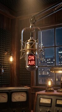 Classic broadcasting ambiance: active podcast, live air, studio equipment, voice record, radio show, media content, sound wave, transmit signal, night city, acoustic panel, control board, warm light.